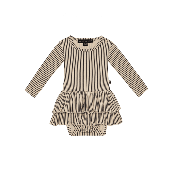 House of Jamie: Ruffled bodysuit Dress - Charcoal Sheer Stripes