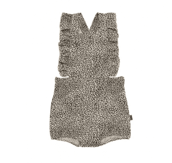 House of Jamie: Ruffled Baby Salopette - Charcoal Little Leopard