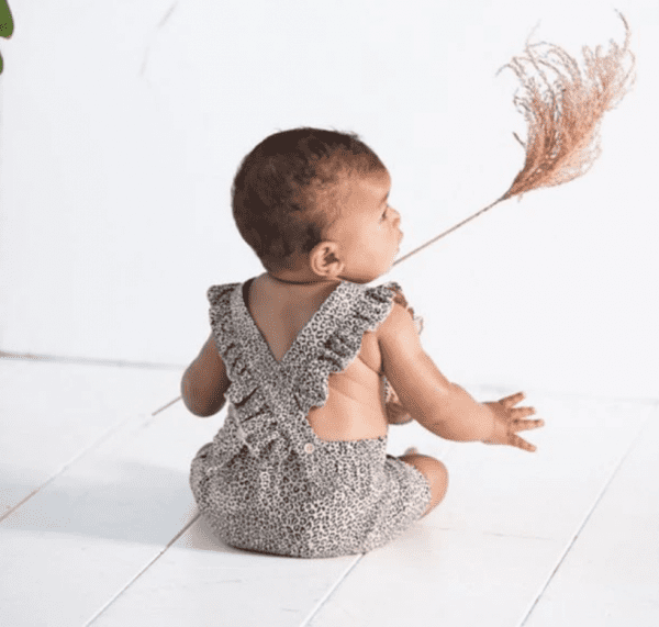 House of Jamie: Ruffled Baby Salopette - Charcoal Little Leopard